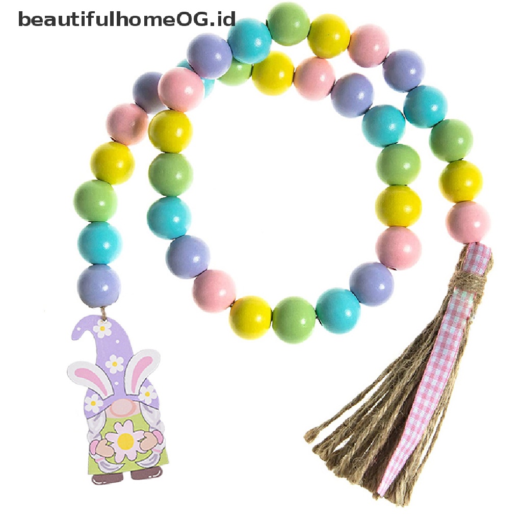 // Beautifulhomeog.id// 1Pcs Easter Wood Bead Garland Manik-Manik Warna Warni Dengan Tali Rami Kotak-Kotak Rumbai **