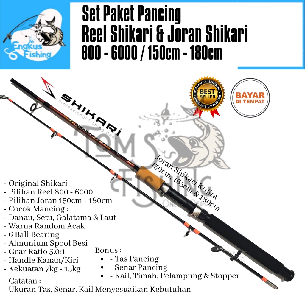 Set Paket Lengkap Shikari Reel 800-6000 &amp; Joran 150cm-180cm Bonus Tas,Senar, Kail dll Murah - Engkus Fishing