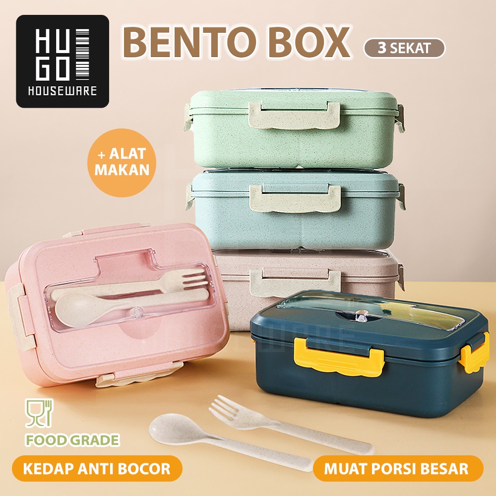 HUGO Kotak Makan Tempat Bekal Lunchbox Jerami 1200 ml Anti Tumpah  Free Sendok Garpu