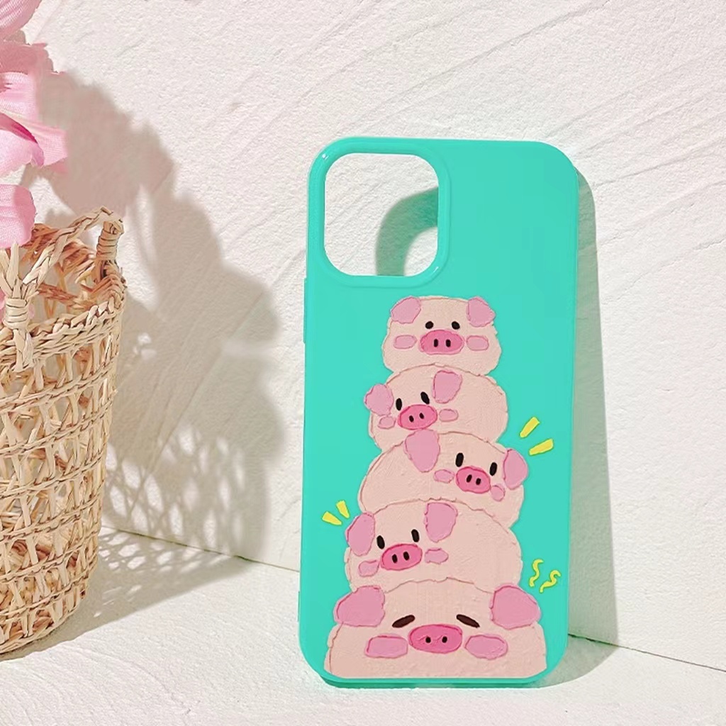 IPHONE Ins Pola Piggy Cocok Untuk Iphone14 14pro 14plus 13 13mini 13pro 13prm iPhone12 7Plus 8Plus Xr XS 13 12mini Pro Max Empat Sudut Casing Ponsel Tahan Guncangan