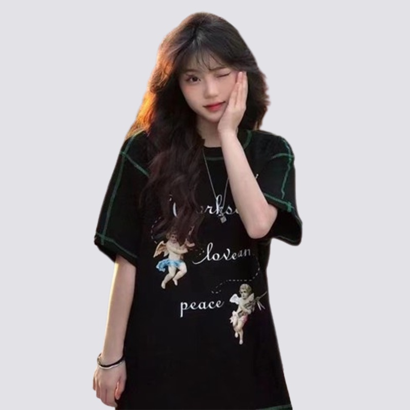 XIAOZHAINV Kaos Atasan Wanita Cupid Pattern Lengan Pendek A0393