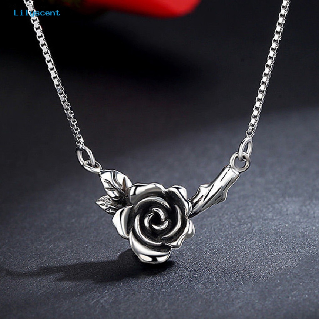 [LS] Wanita Kalung Vintage Bunga Hitam Rose Stainless Desain Lama Leher Dekorasi Warna Perak Tepi Halus Rose Liontin Kalung Pesta Perhiasan