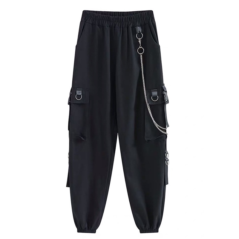 Women Black Cargo Pants with Chain 8661 (S/M/L)