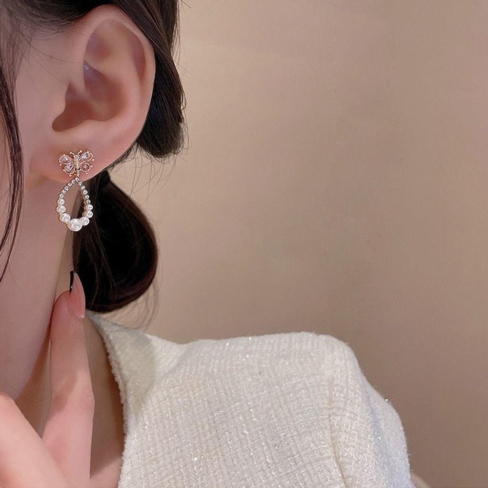 MXBEAUTY Wanita Anting Pesona Manis Indah Mutiara Perhiasan Fashion Niche Desain Gadis Hadiah Temperamen Zirkon Gaya Korea Menjuntai Earrings
