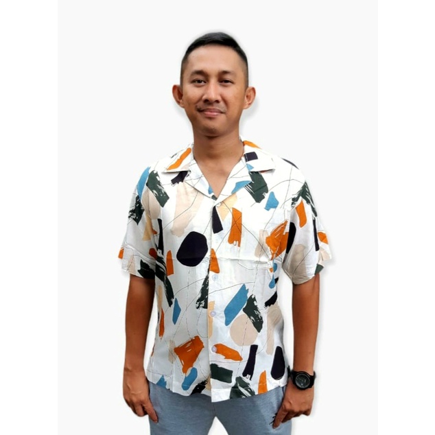 ARKANA - Kemeja Hawaii Pria Printing Bahan Katun Rayon Premium | Kemeja Pantai Pria - Putih