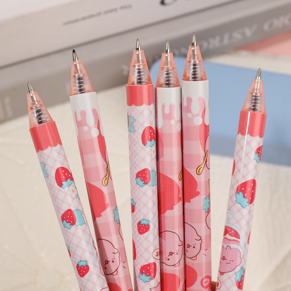 [Grosir] Lucu Kartun Cream Strawberry Pink Dinosaurus Kecil Pena Netral Hitam 0.5mm Tanda Tangan Siswa Pena Alat Tulis Kantor Push-Type Core Menulis Pen Hadiah Hari Anak