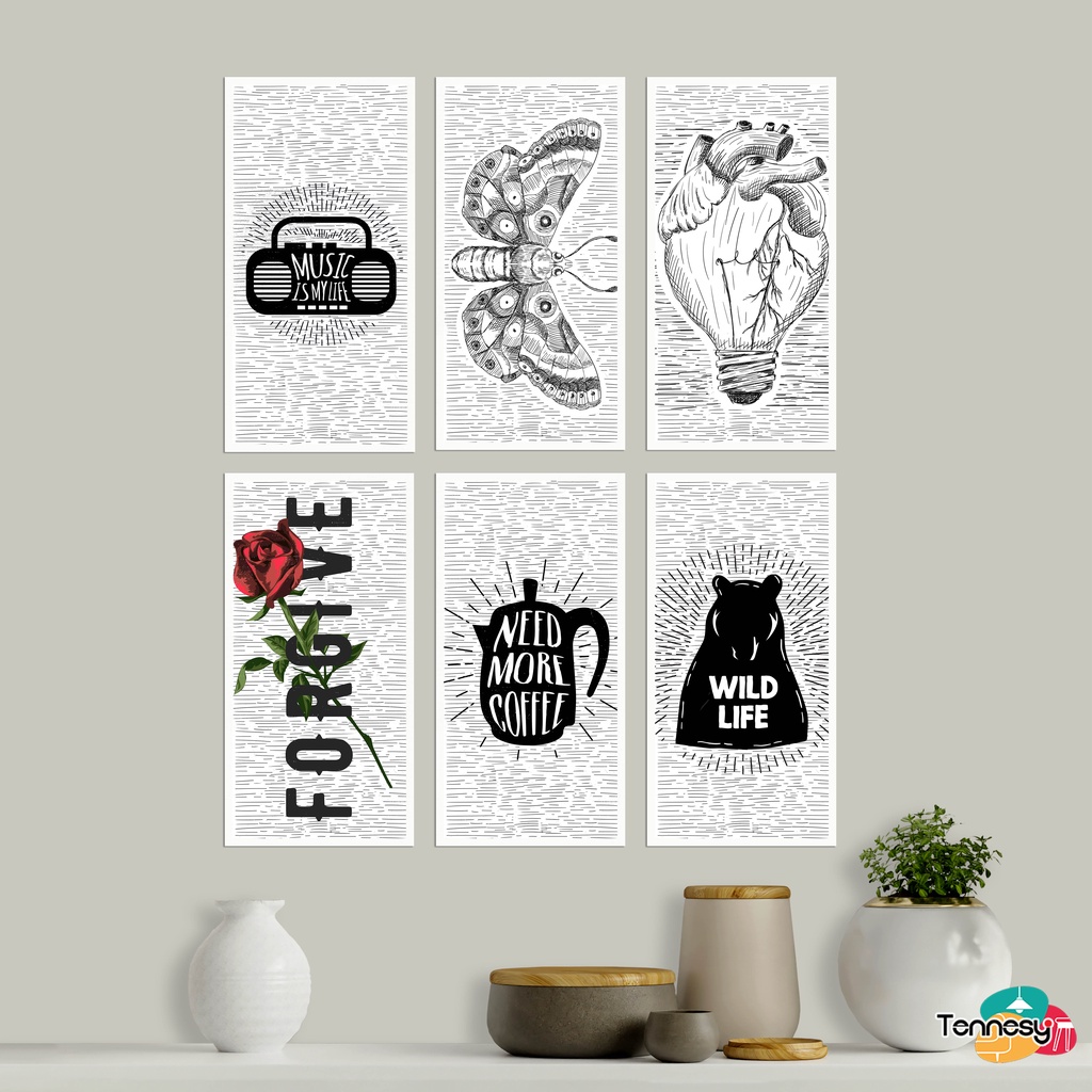 TENNESY HIASAN DINDING SKETCH AESTHETIC VINTAGE MONOCHROME 10x20CM WALL DECOR PAJANGAN KAYU POSTER DEKORASI DINDING KAMAR RUMAH