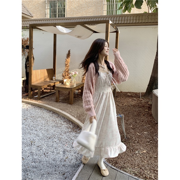 Red kumikumi suit wanita pendek sweter kardigan jaket musim semi bunga lembut rok suspender gaun dua potong set