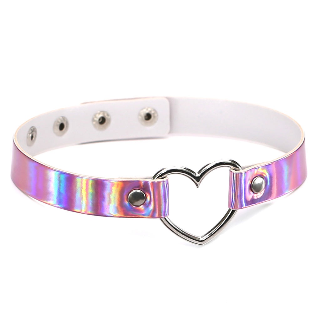 Kreatif Harajuku Laser Cinta Hati Choker Menarik Bercahaya Kulit Pu Kalung Rantai Leher Unisex Perhiasan Pesta