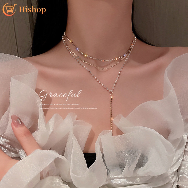 Kalung Multilayer Choker Rantai Kristal Mutiara Rumbai Emas Untuk Aksesoris Perhiasan Wanita