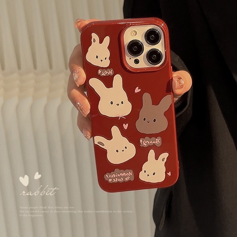 Ins Vintage Bunny Rabbits Wine Red Soft TPU Phone Case Back Cover Pelindung Untuk Iphone X XR XS 11 12 13 14 PLUS PRO MAX