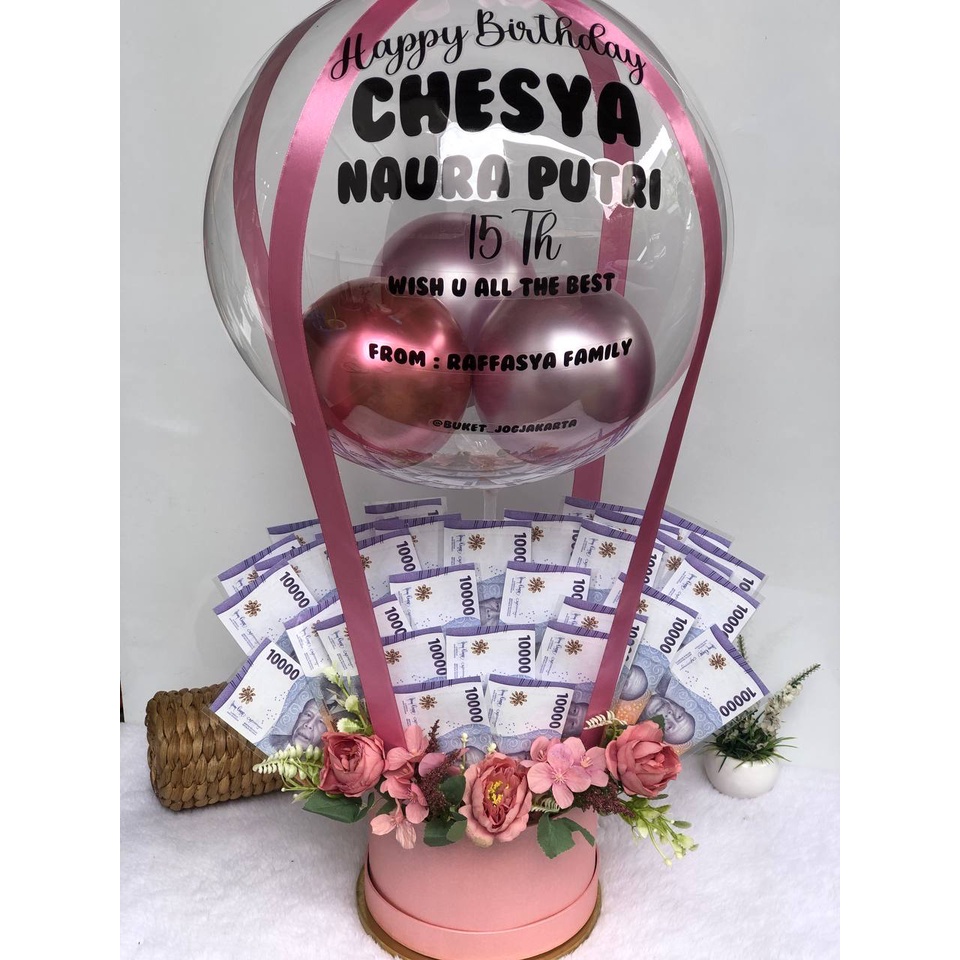 Buket balon uang  Bloom box balloon kado ulang tahun bouquet balon uang FREE REQUEST UCAPAN