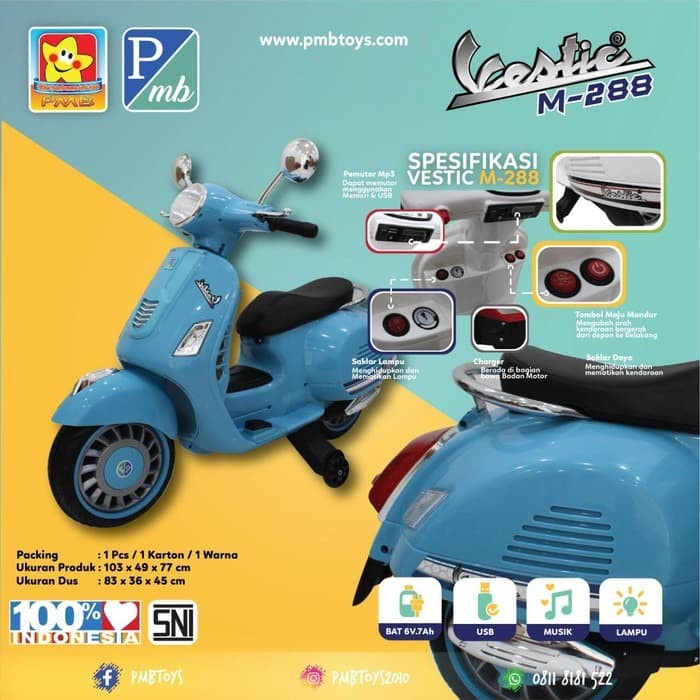 MOTOR AKI MAINAN ANAK VESPA MATIC SCOOTER VESTIC PMB M-288 - Biru Berkualitas