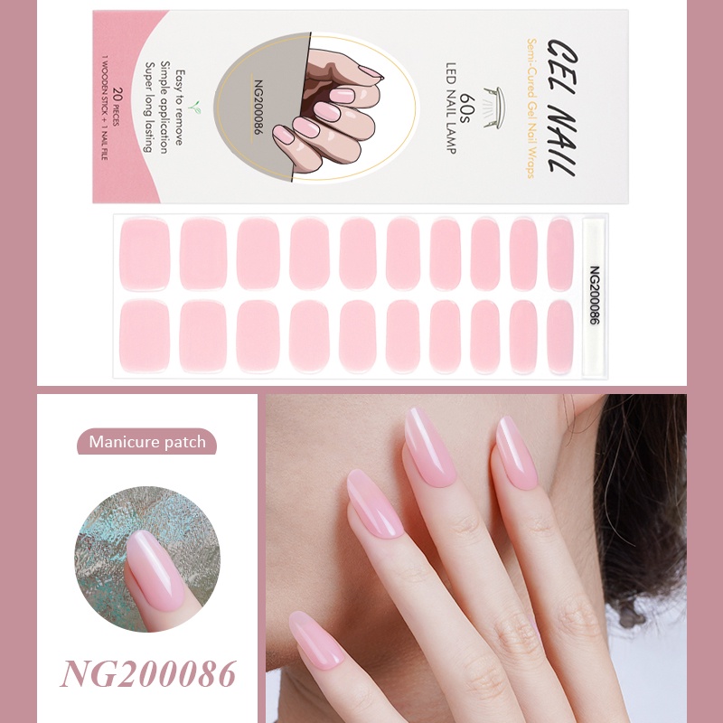 20tips Warna Pink Nude Semi Obat Gel Kuku Strip Patch Sliders Perekat Tahan Air Full Cover Gel Nail Stcikers