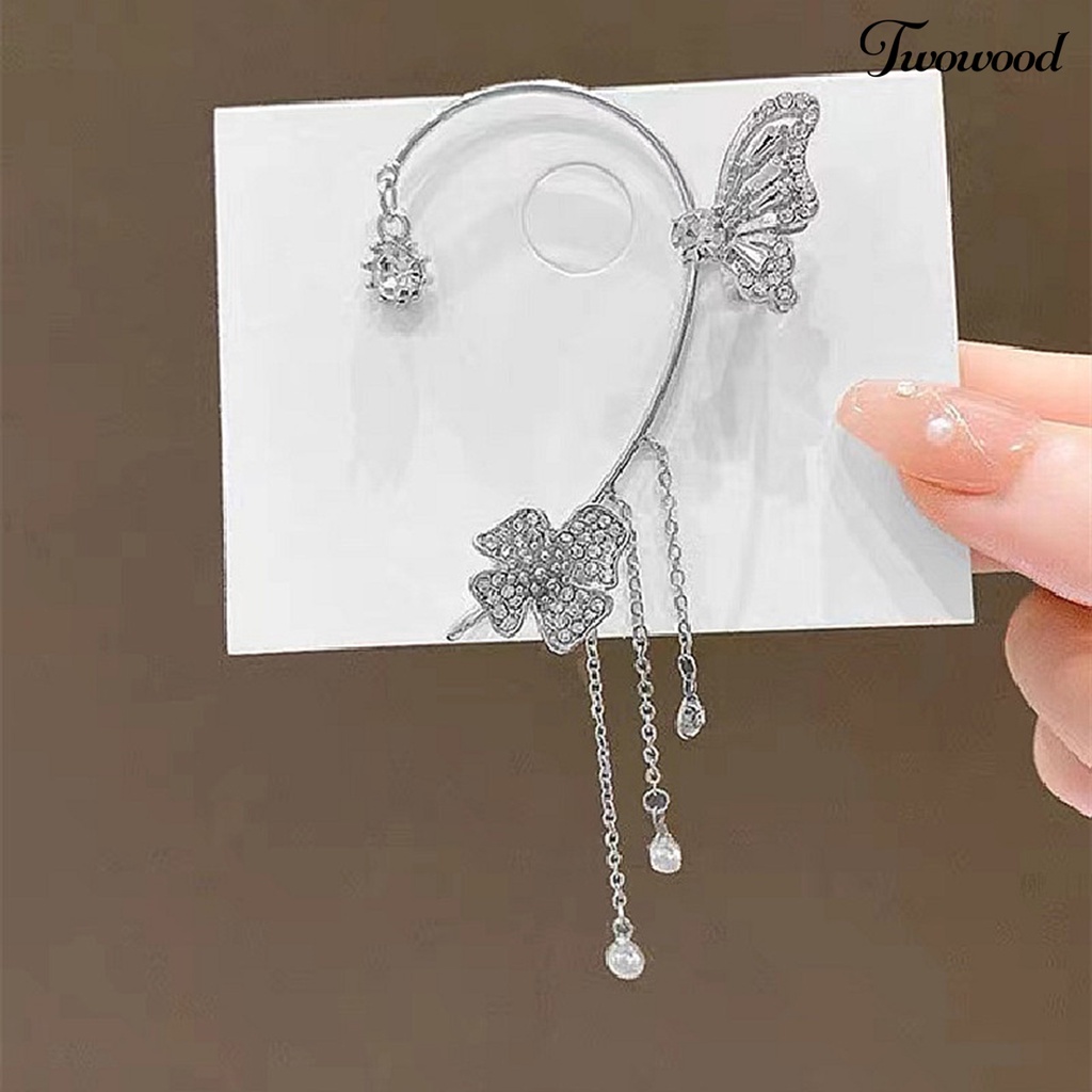 Twowood 1Pc Manset Telinga Mewah Temperamen Dekorasi Geometris Tinggi Gloss Berdandan Tanpa Tindik Shiny Cubic Zirconia Butterfly Ear Cuff Perhiasan Aksesoris