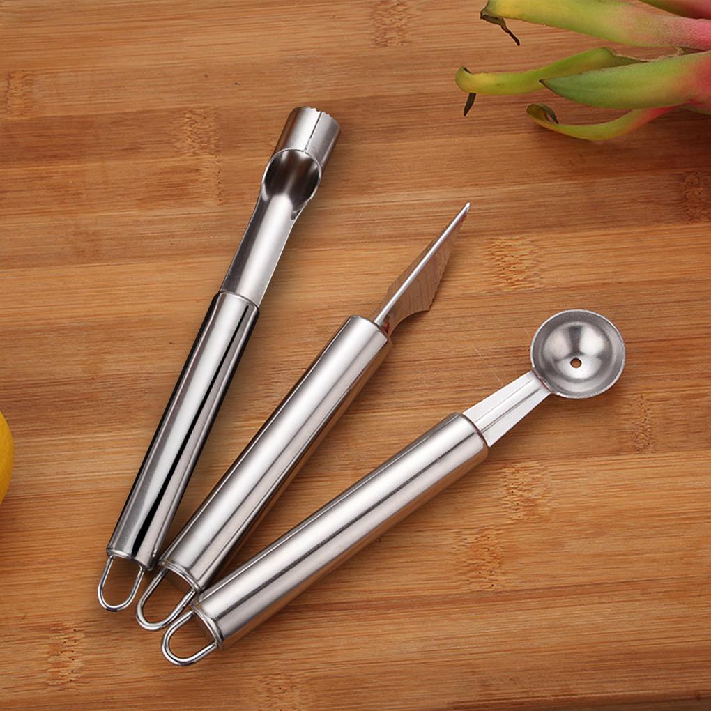 3buah/set Buah Bola Sendok Alat Ukir Core Remover Stainless Steel Semangka DIY Tahan Panas Peralatan Dapur Kit