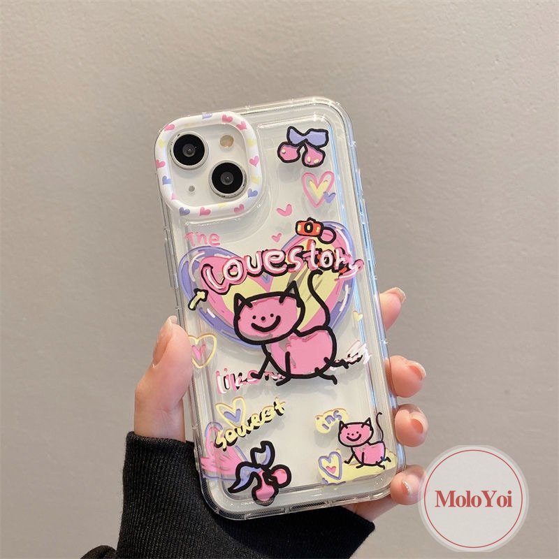 Ins Lucu Kartun Graffiti Cinta Hati Kucing Case Kompatibel Untuk iPhone 14 Pro Max11 13 12 7 8 Plus XR X XS MAX 6 6S Plus Airbag Shockproof Lembut Silicon TPU Penutup Belakang