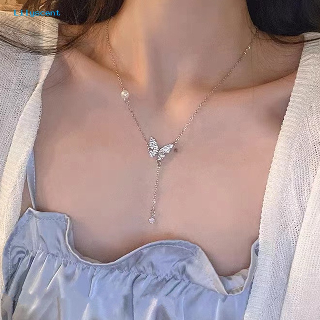 [LS] Kalung Rumbai High-end Kupu-Kupu Mutiara Imitasi Cahaya Mewah Cubic Zirconia Leher Ornamen Temperamen Shiny Panjang Liontin Klavikula Kalung Perhiasan Aksesori