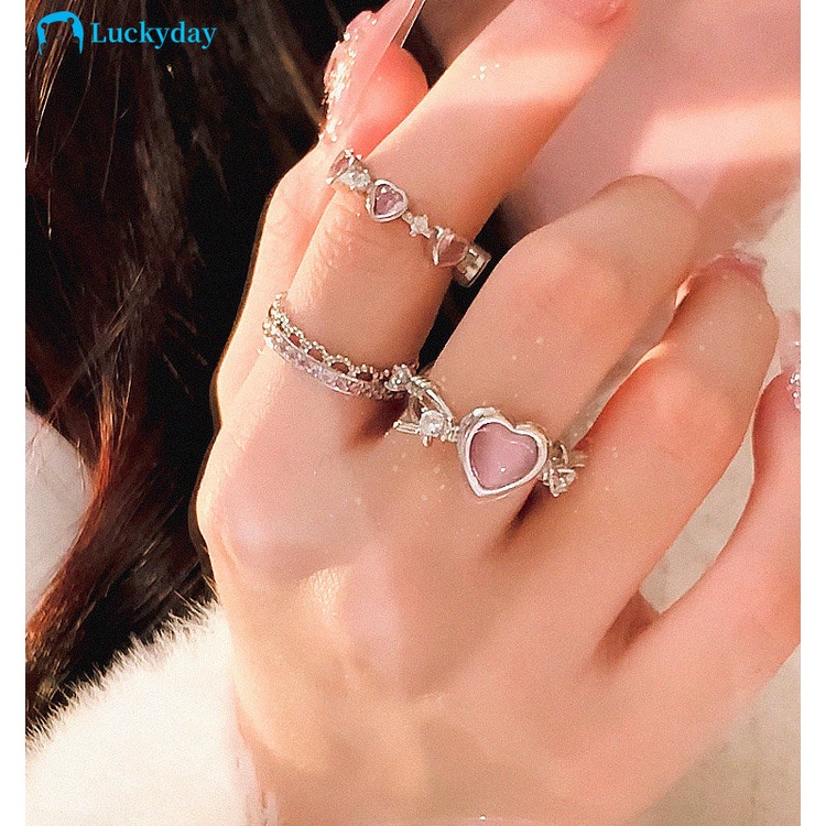 YEEZII Cincin Silver Zircon Pink Hati Kristal Pembukaan Adjustable Rings Untuk Aksesoris Perhiasan Wanita