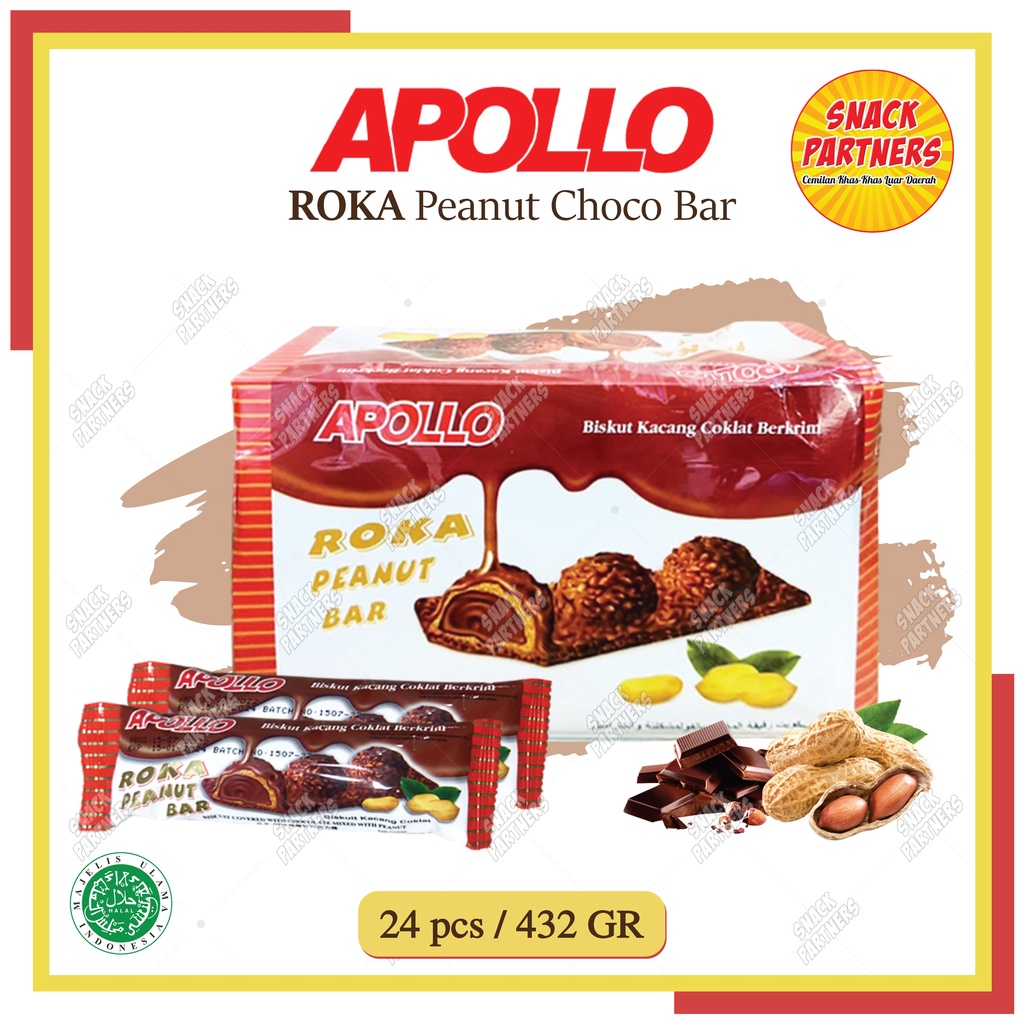 APOLLO ROKA PEANUT Choco Bar 432 GR (24 pcs x 18 gr) - Biskuit / Wafer Salut Kacang Krim/Berkrim Coklat - APOLO Chocolate Nut Malaysia