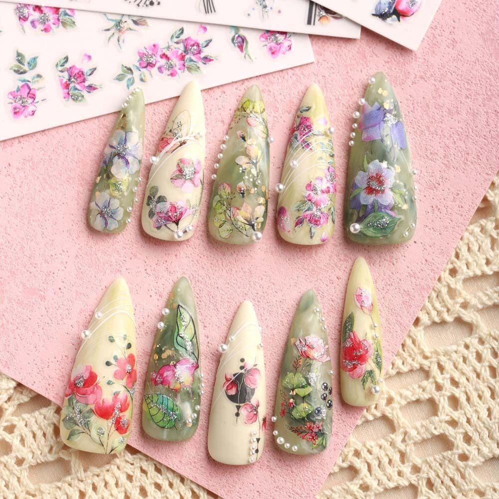 MXBEAUTY Bunga Stiker Kuku Wanita Ins Gaya Musim Semi Bunga Manicure Aksesoris Musim Semi Perekat Diri Nail Art Dekorasi