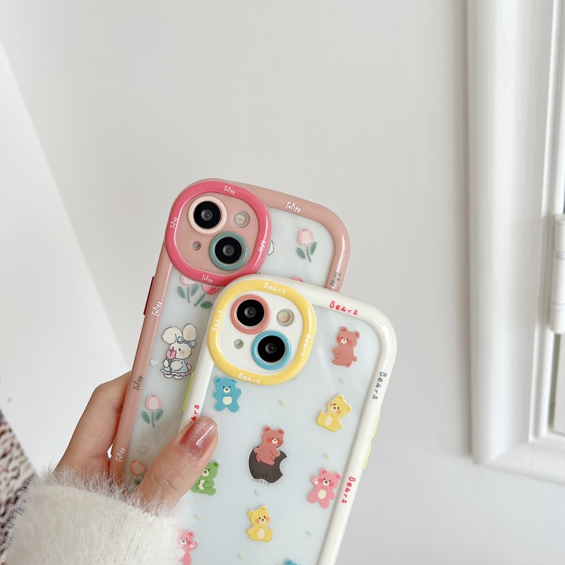 Cute Bears Puff Case iPhone 11 12 13 14 Pro Max 14 Plus Women's Cute Pink Friends Gifts Soft Casing Cover Camera Lens protect