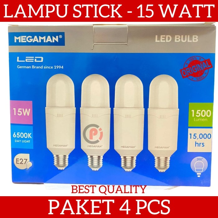 MEGAMAN Paket 4 Pcs Lampu LED Bohlam Stick 15 Watt 15W Cahaya Putih
