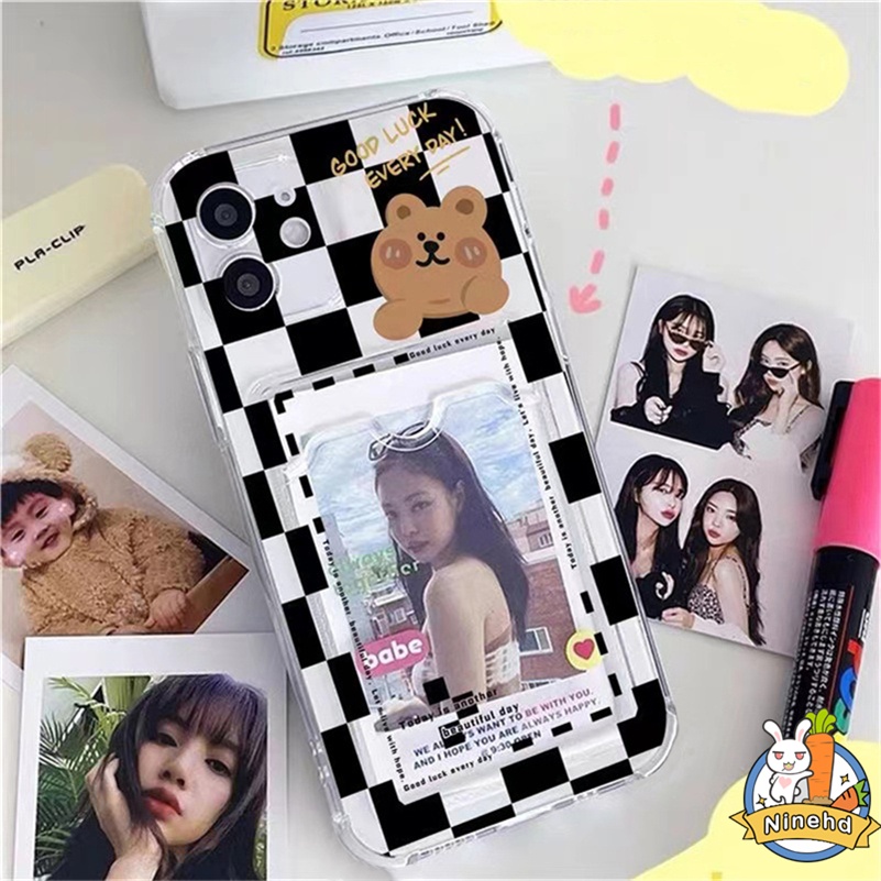 IPHONE Case Tas Kartu Bening Kompatibel Untuk Iphone14 13 12 11 Pro Max X Xr Xs Max 8 7 6 6s Plus SE 2020 Pasangan Kotak-Kotak Dompet Slot Holder Phone Case Shockproof Soft TPU Cover