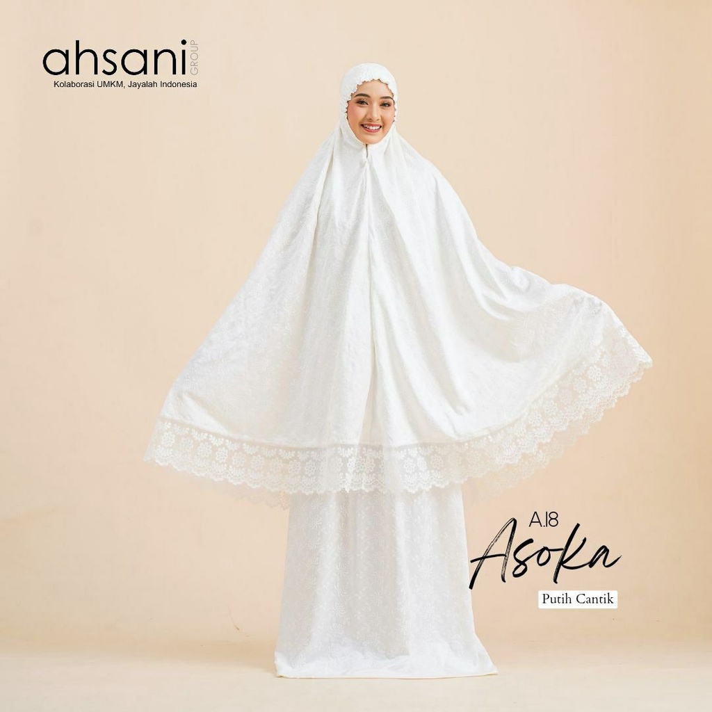 MUKENA PREMIUM SUTRA ORI MOTIF TIMBUL ORIGINAL AHSANI ASOKA A18 MUKENA PUTIH CANTIK MUKENA TERBARU M