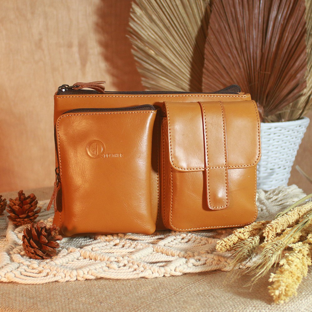 Tas Slempang Pria Wanita Kulit Asli Tas Sling bag Pria Kulit Sapi Asli Premium HB09 Tas Kuliah Cowok Cewek Bahan Kulit Sapi Asli