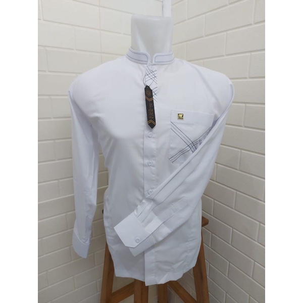 Baju Koko Muslim Pria Dewasa Al-Wafa/AWF Gold Putih Polos Lengan Panjang Manset Label Metal