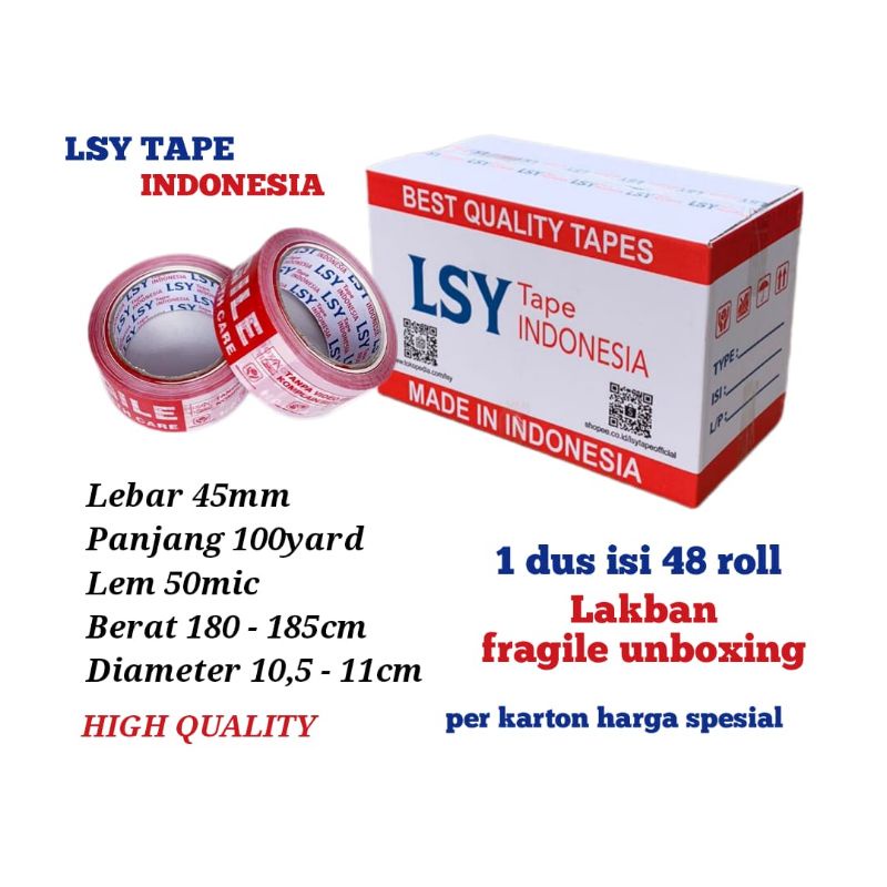 

lakban fragile unboxing mix 100yard 1 dus isi 48 roll LSY TAPE INDONESIA ( CBM )