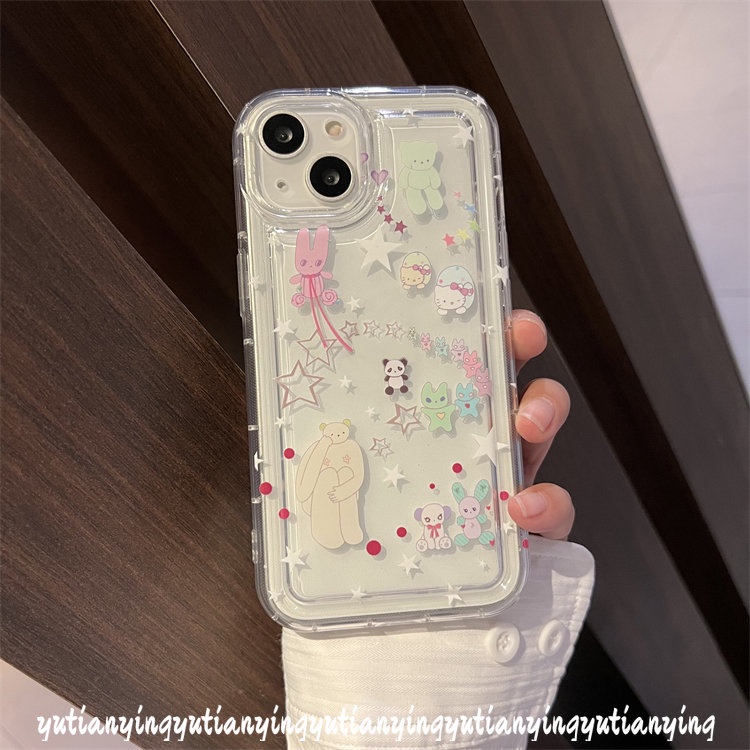 IPHONE Case Kompatibel Untuk Iphone11 14 13 12 Pro MAX 7plus XR 7 8 6 6S Plus X XS MAX 8plus SE 2020 Ins Korea Airbag Shockproof Kartun Bintang Lucu Beruang Kitty TPU Lembut Bening Ponsel Cover