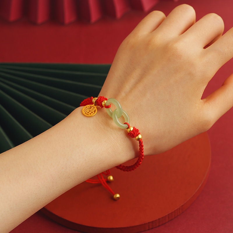 Goldkingdom Perhiasan Fashion Emas Asli Kadar 375Bangkok Aksesoris Ready Stock Gelang Interlocking Permata Vintage Gilt Wanita Model Adjustable Tali Merah