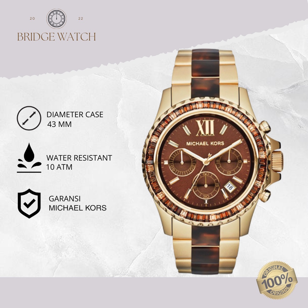 Jam Tangan Wanita Michael Kors Bradshaw MK6269 Original Analog Chronograph Brown Gold Stainless Stee
