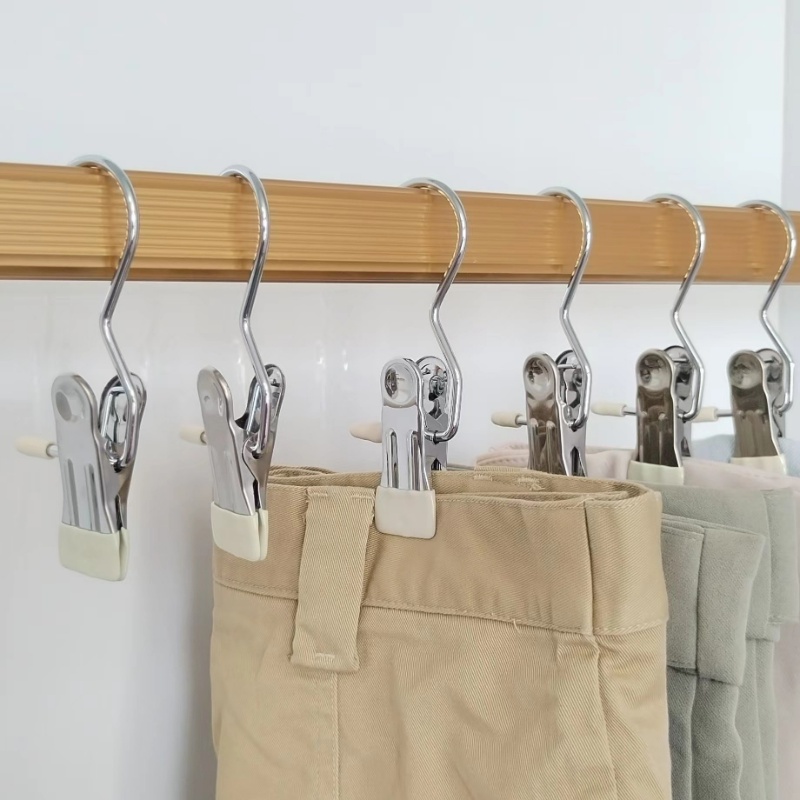 Klip Tahan Angin Stainless Steel Multifungsi Dengan Kait Travel Portable Pakaian Kaos Kaki Handuk Gantungan Non-Slip Laundry Pakaian Pengeringan Gantungan Closet Organizer Aksesoris