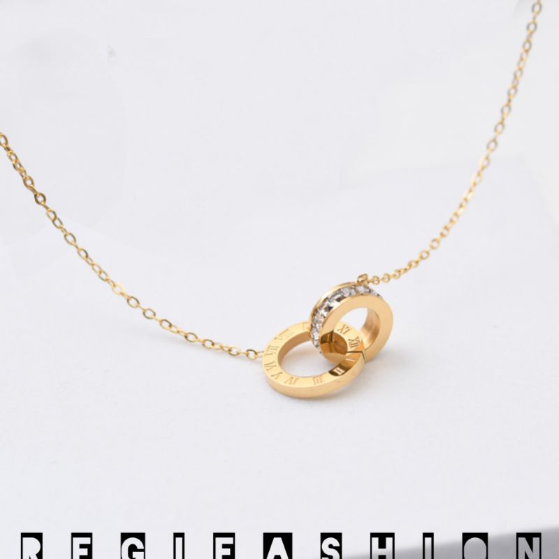 { COD } Kalung Titanium Wanita Korea Emas Lapis 18K Kalung Wanita Liontin Ring Permata Tanam Kalung Wanita Anti Karat Tidak Luntur