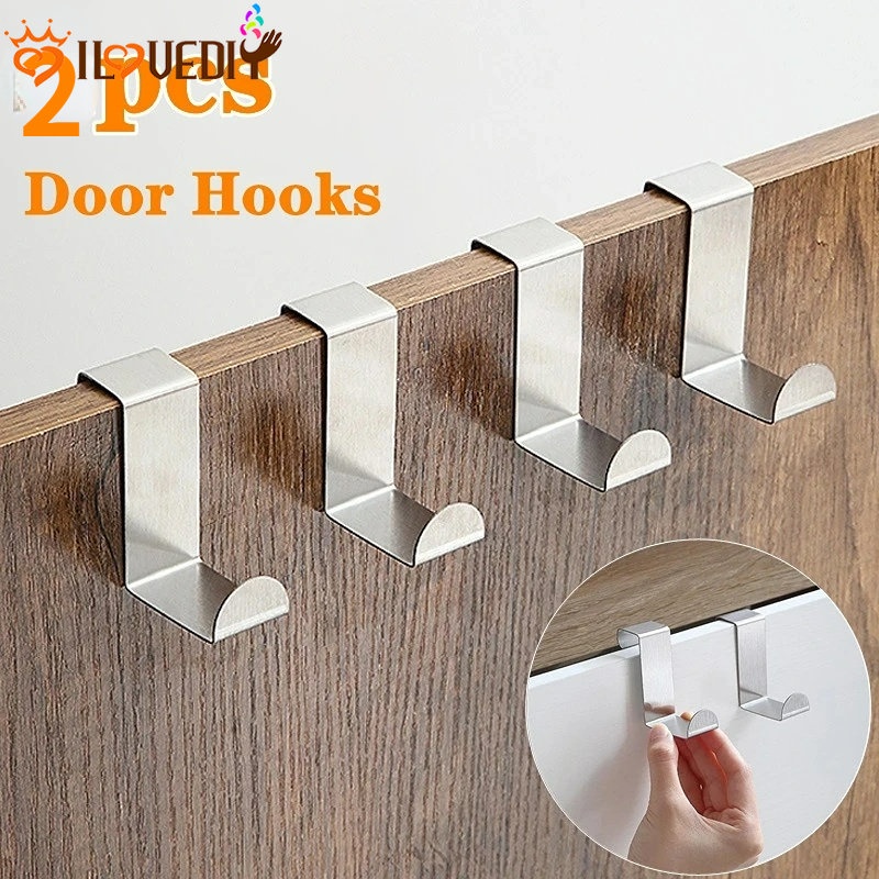 Punch Free Pintu Kamar Mandi Dapur Kait Belakang Stainless Steel Gantungan Baju Penyimpanan Kunci Kait Dapur Pintu Kamar Mandi Belakang Organizer 2 Pcs S-shaped Cabinet Door Hook