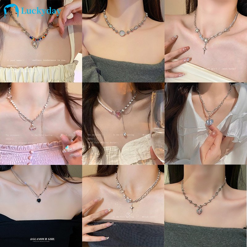 YEEZII Fashion Kupu-Kupu Jantung Liontin Kalung Y2K Zirkon Mutiara Manik-Manik Kalung Perak Rantai Choker Aksesoris Wanita Perhiasan