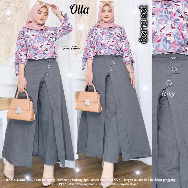 Sena Set Setelan Wanita Blouse Berkerah Kancing Depan Kulot Modis Model Belah Menyatu By Olla