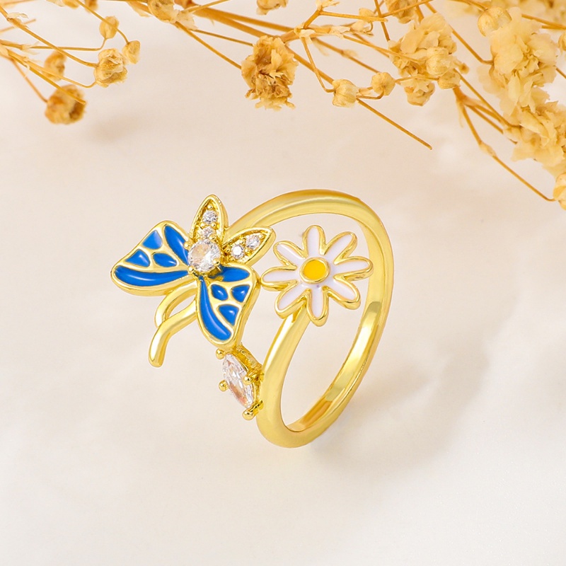 Ins Style Blue Drip Butterfly Ring Vintage Fashion Cincin Bunga Daisy Kuning Zircon Rings Untuk Wanita