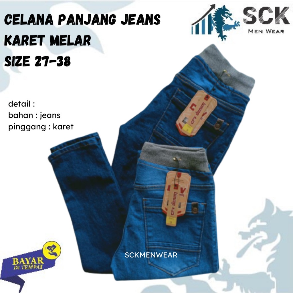 sck - Celana Panjang Pria Jeans CRV Pinggang Karet Model Standar ukuran 27-38 / Celana Santai Kolor Karet Rip Pinggang Karet 27-38 - sckmenwear GROSIR