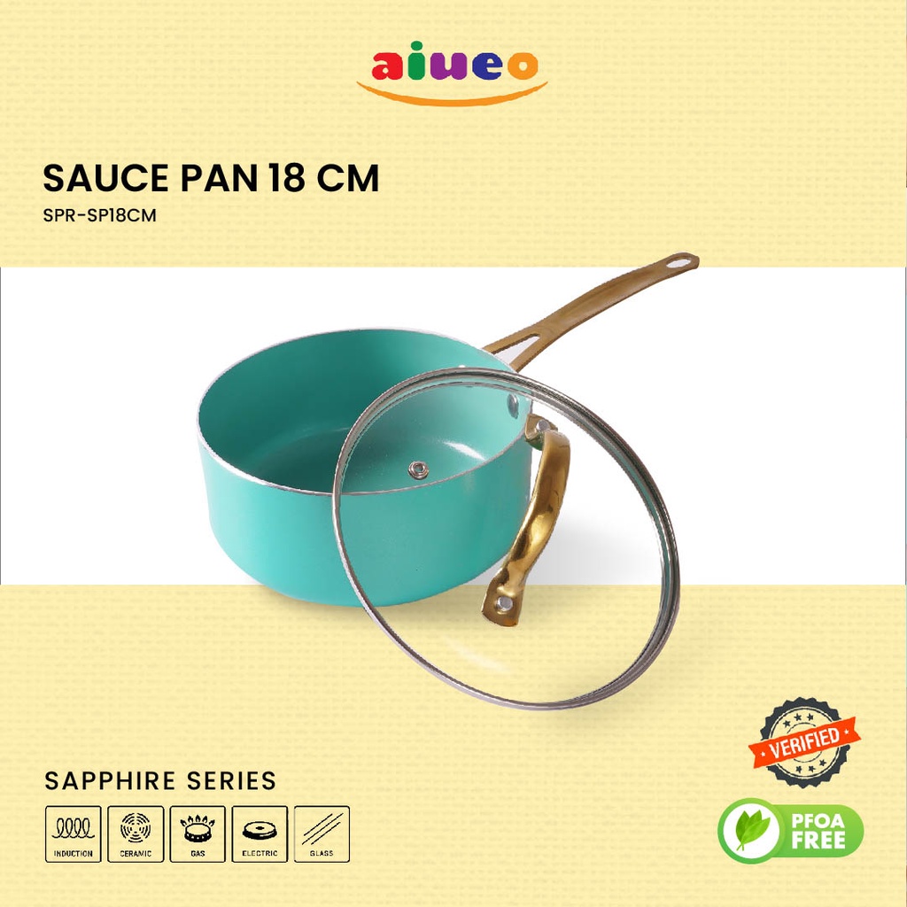 AIUEO Sauce Pan 18 Cm Panci Wajan masak Mie Tutup Kaca Warna Biru Anti Lengket