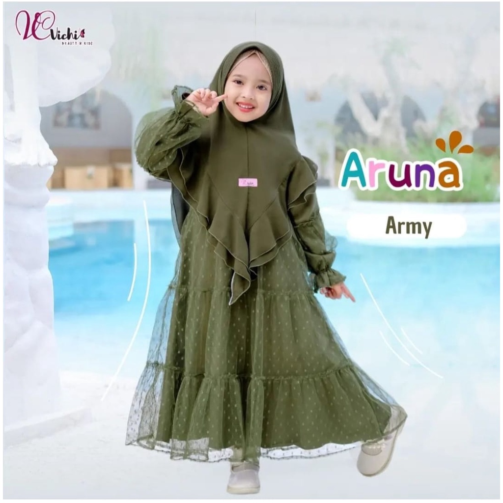 BURUAN STOK TERBATAS  GAMIS LEBARAN 2023 ARUNA KID ARMY XL USIA 5 6 7 TAHUN BAHAN SYAKILLA PREMIUM T