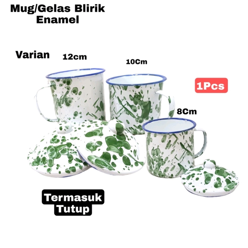 Gelas mug enamel jadul + tutup motif blirik