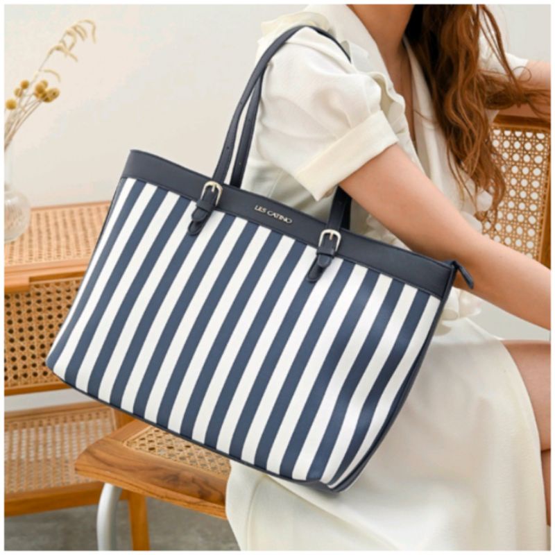 Tas Tote Les Catino Naval Tote stripe 2 cm black/white/2