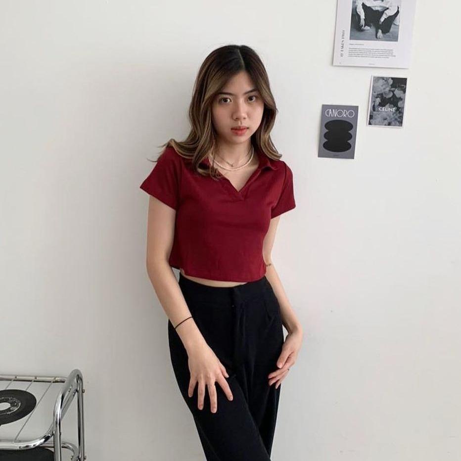 KAOS POLO KNIT TOP V NECK / KAOS LENGAN PENDEK CROP TOP