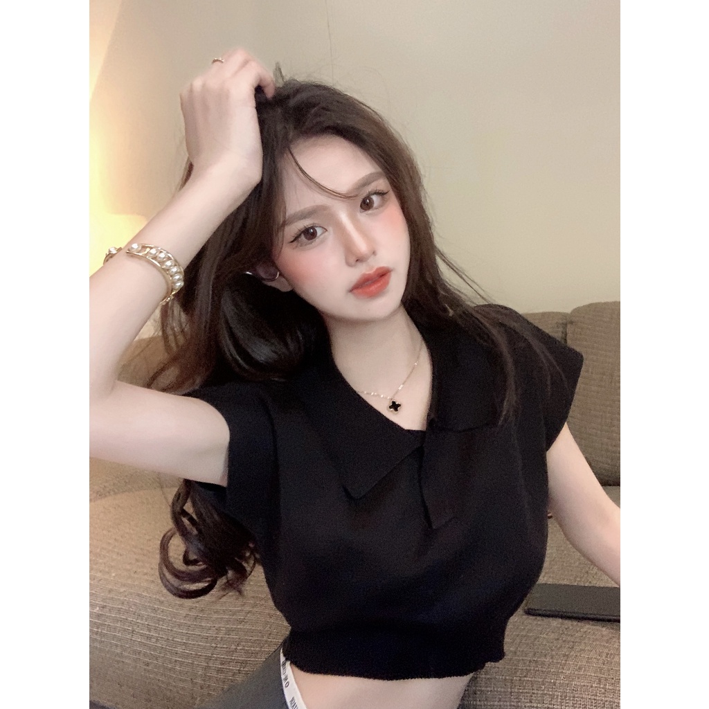 Kaos Polo Rajut Lengan Pendek Wanita T-shirt Knit Crop Top Korean Style