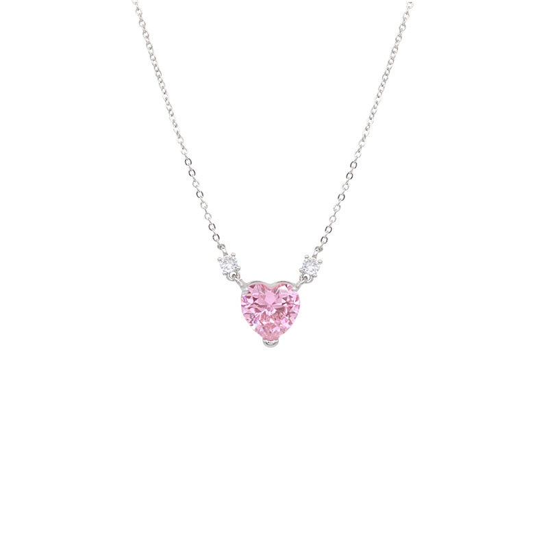 YEEZII Kalung Liontin Hati Zirkon Pink Mewah Manis Choker Rantai Tulang Selangka Silver Untuk Aksesoris Perhiasan Wanita