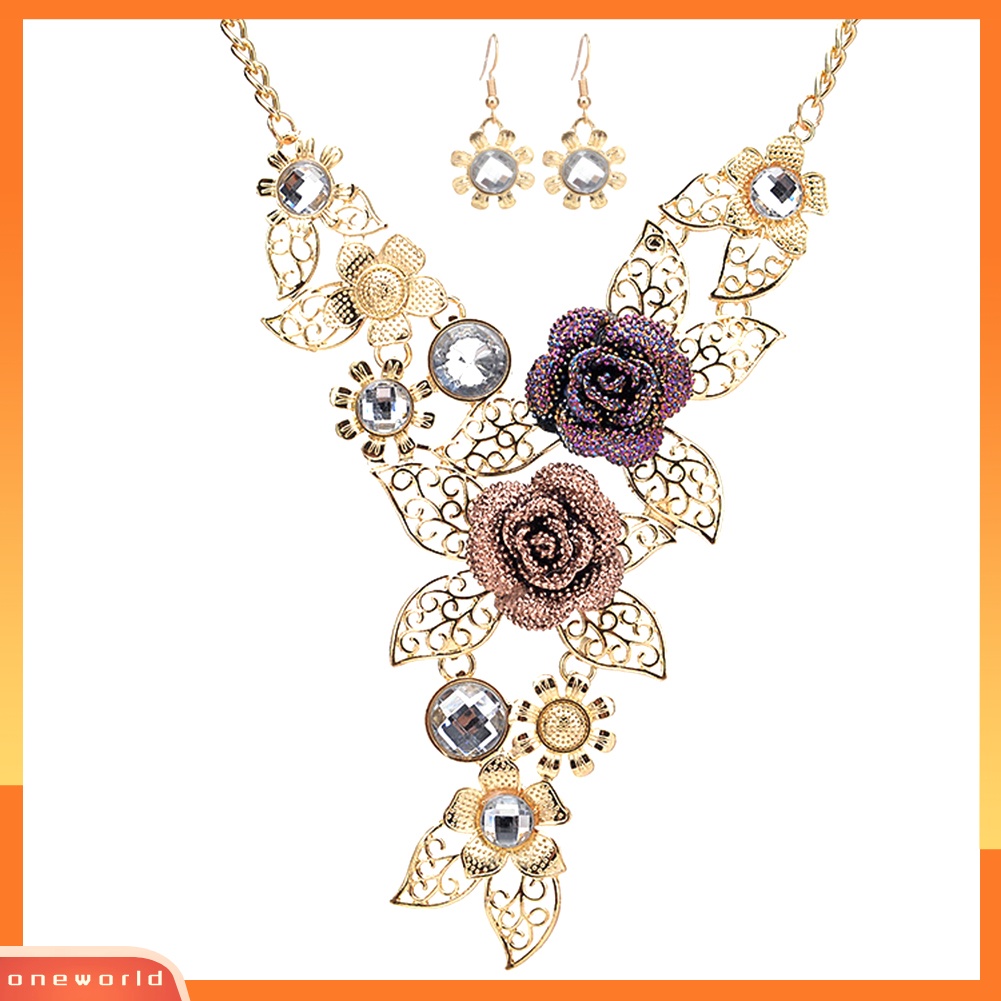 OW@ Women Rhinestone Inlaid Hollow Leaf Flower Pendant Earrings Necklace Jewelry Set